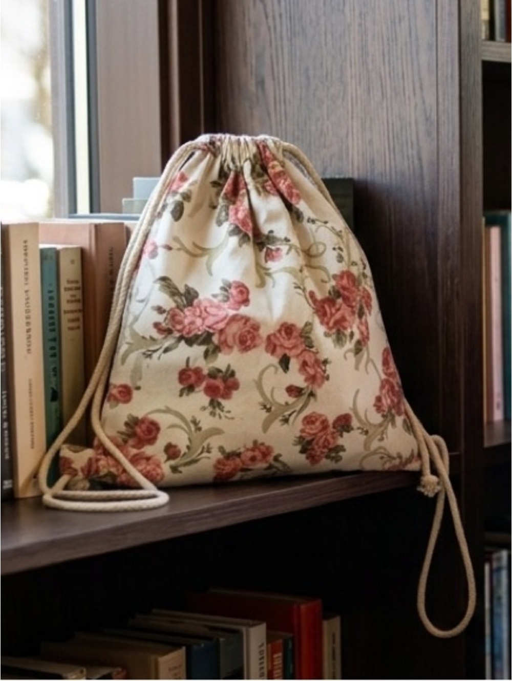 Pink and Cream Floral Backpack with Drawstring Closure